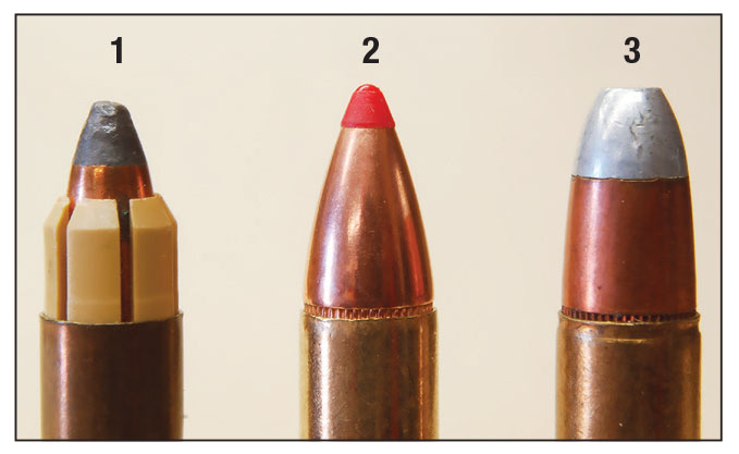 The unique (1) Remington Accelerator and (2) Hornady Flex Tip bullets compared to the (3) 60-plus year standard Winchester Silvertip.